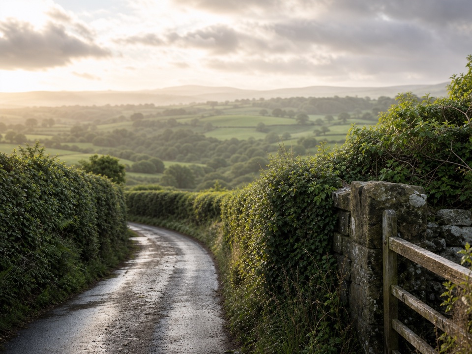 A Devon lane between hedgerows looking over rolling English fields.
